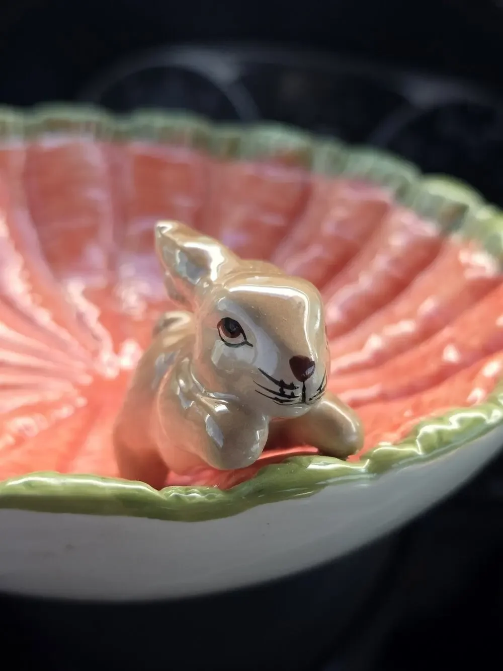 Easter Ceramic Decorative Bowl with Bunny Rabbit Figurine | Hand-Painted Carrot